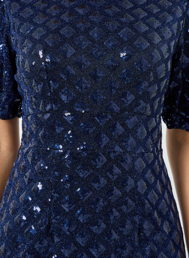 Styli Women Navy Blue Sequin Short Sleeves Sheath Midi Dress - Image 2